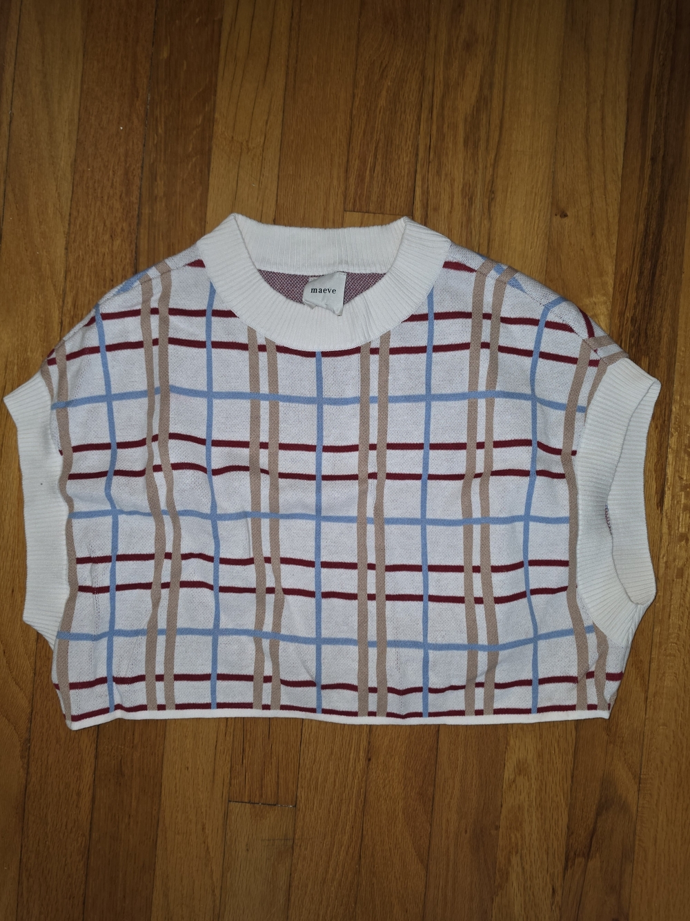 Maeve White Plaid Crop Tank with Blue, Tan, and Burgundy Stripes